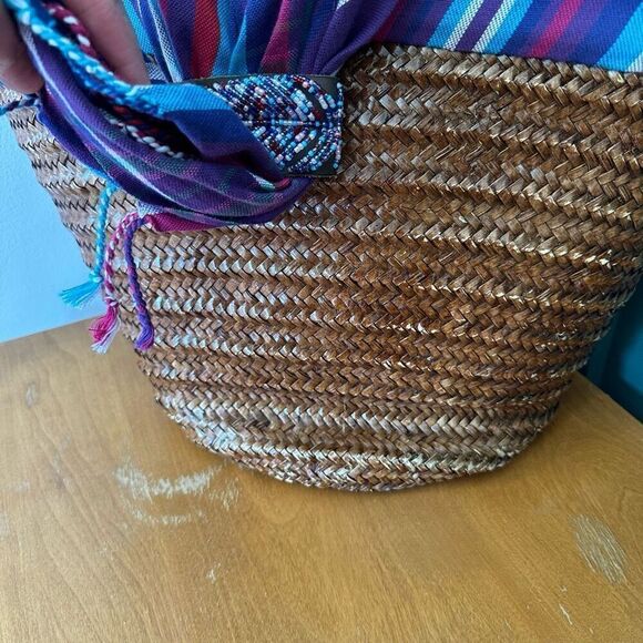 African Beaded Straw Bag Scarf Fringe Closure - Picture 12 of 16